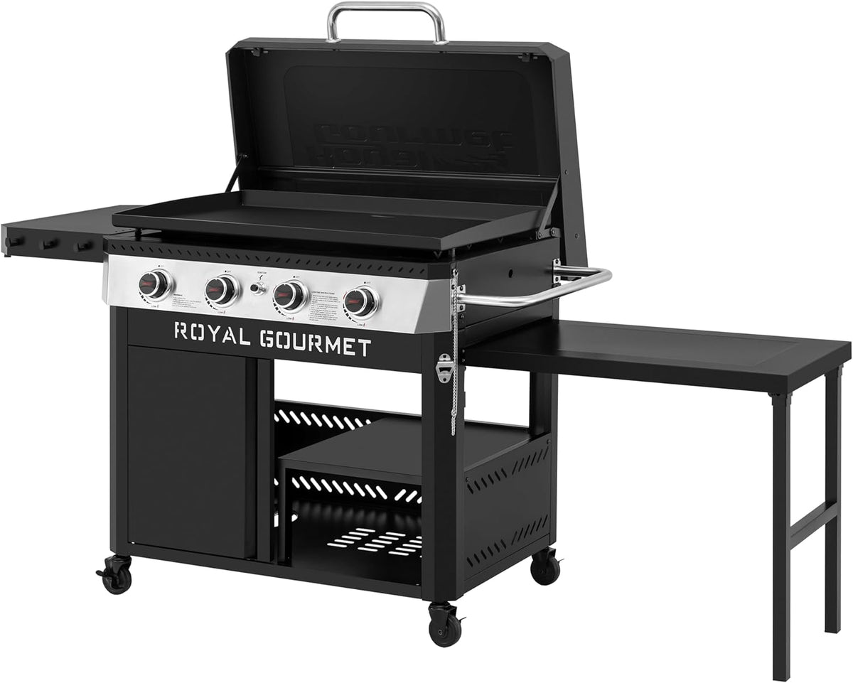 Royal Gourmet GB4008T 4 Burner Propane Gas Griddle with Pull-Out Expandable Table & Foldable Side Shelf, 34-Inch Flat Top Grill with Hood for Outdoor Cooking & Backyard Barbecue, Black