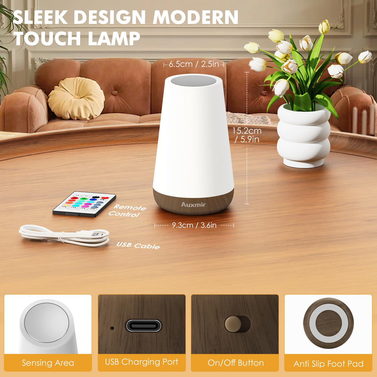 Auxmir Rechargeable Night Light, Touch Table Lamp with Remote, Dark Brown