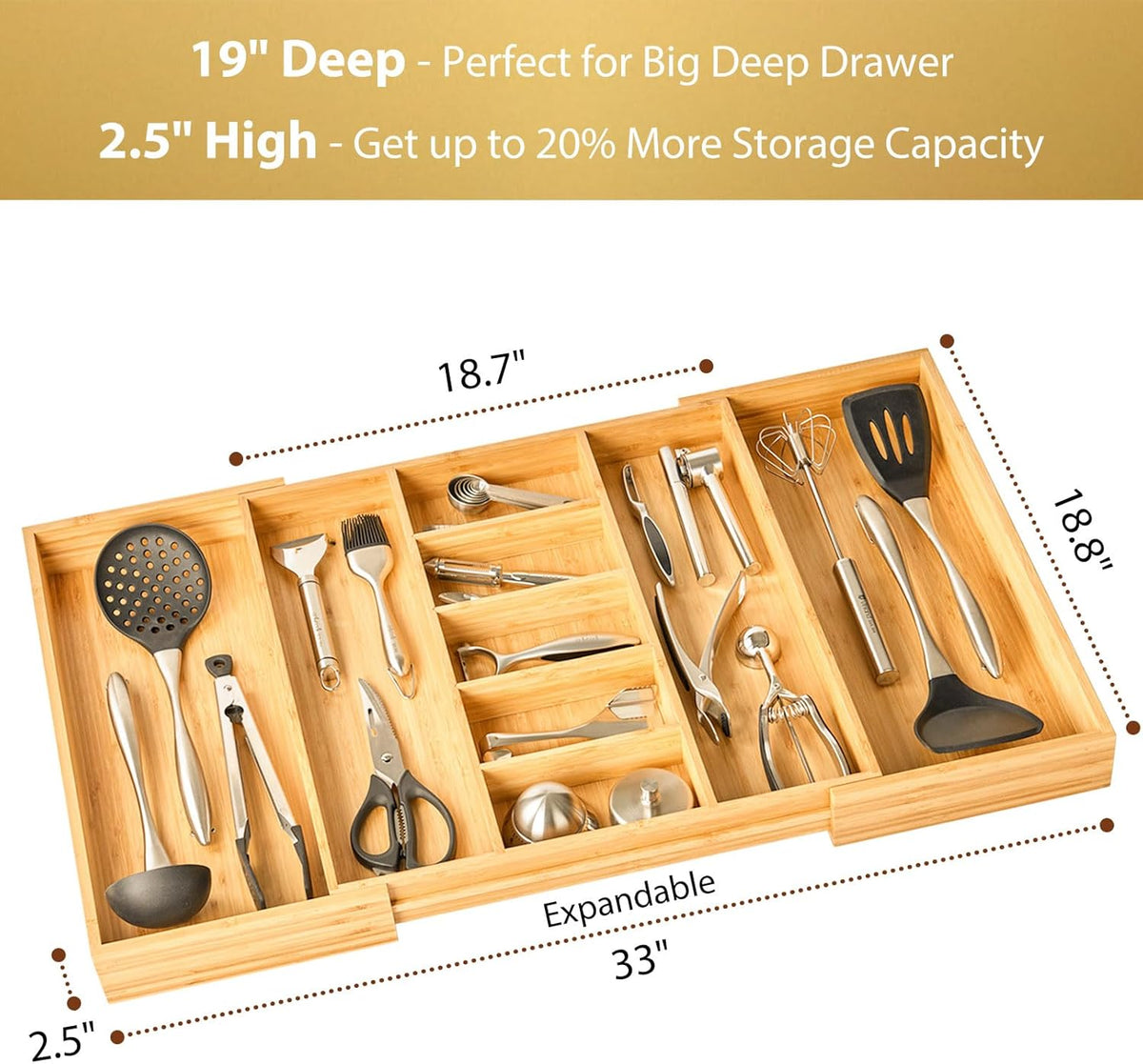 Umilife Extra Large Expandable Kitchen Drawer Organizer for Utensil and Junk, 19" Deep for Big Drawer, 19" to 33" Adjustable Bamboo Wood Drawer Divider, Cutlery Tray, Flatware Holder