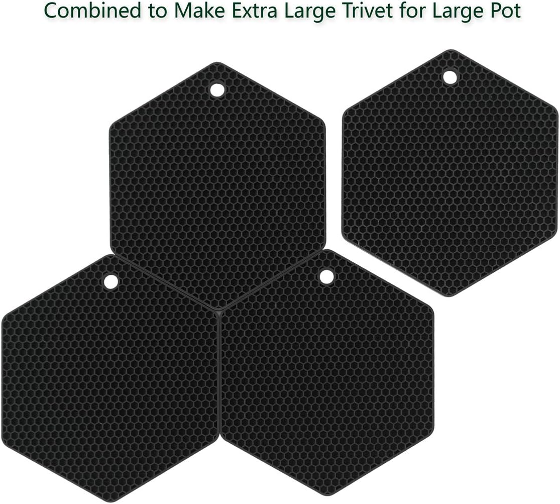 4 Packed Silicone Trivet Mats - DIY Different Size Dish Drying Mat, Hot Pot Holder for Pots & Pans, Non-Slip & Heat Resistant Kitchen Hot Pads for Countertops & Table, Black