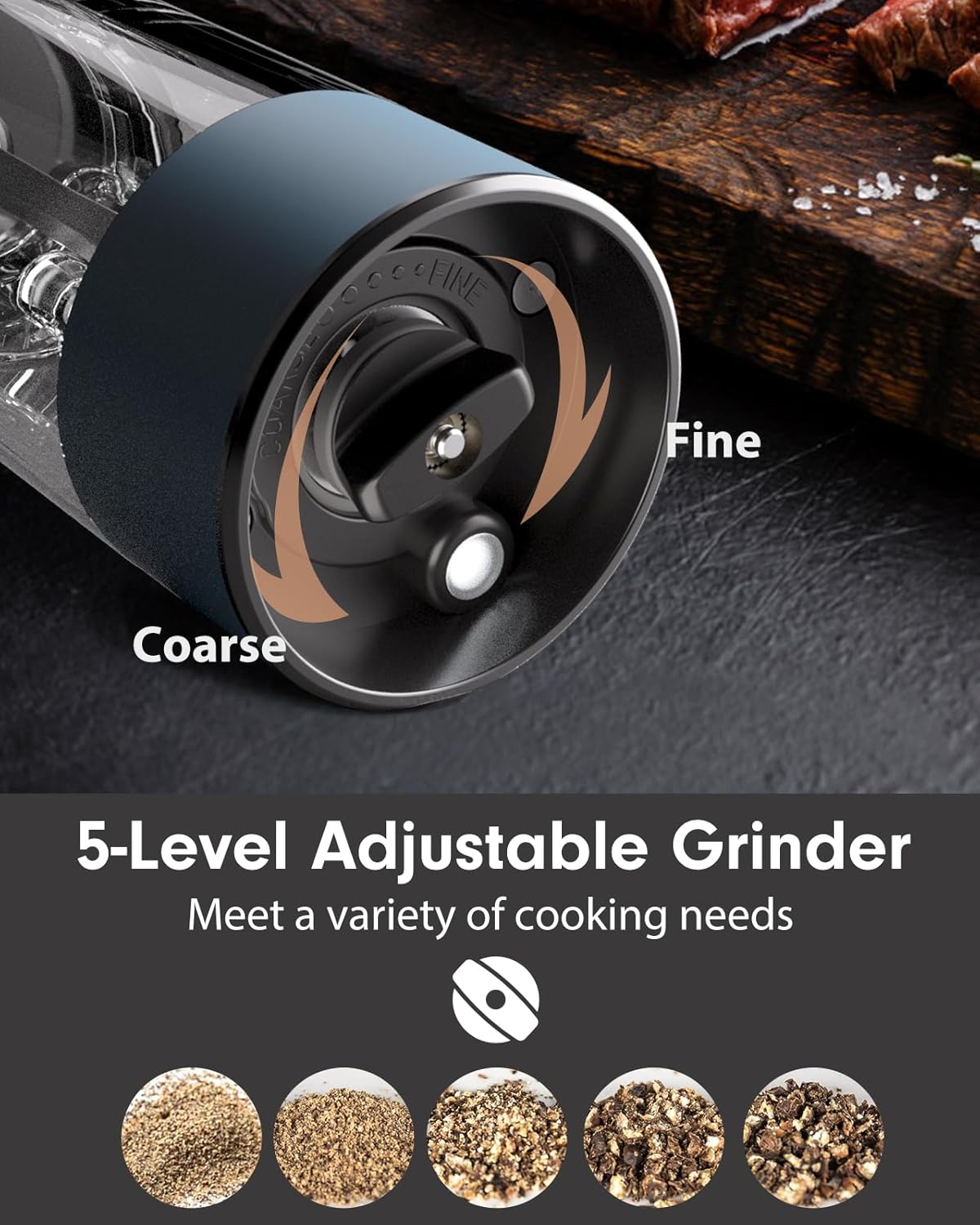 TOMEEM Upgraded Larger Capacity Electric Salt and Pepper Grinder Set Rechargeable with LED lights, Stainless Steel Automatic Pepper and Salt Grinder Refillable with 5 Adjustable Coarseness Blue