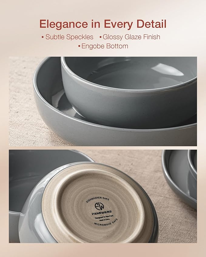 Famiware Milkyway Dinnerware Set with Mugs, Service for 4 (16pcs), Ribbed Stoneware Plates and Bowls Dishes Sets - Chip & Scratch Resistant, Microwave & Dishwasher Safe, Dark Gray
