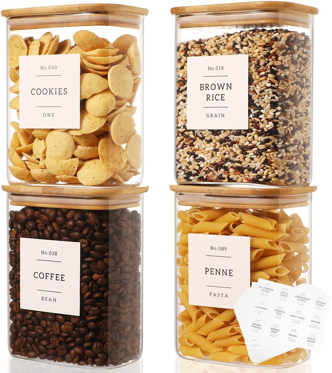 4 Pack Square Glass Pantry Storage Containers with 132 Kitchen Food Pantry Labels - 34 floz Clear Glass Pantry Jars with Airtight Wood Bamboo Lids - Glass Canisters for Tea, Cereal, Coffee, Spice