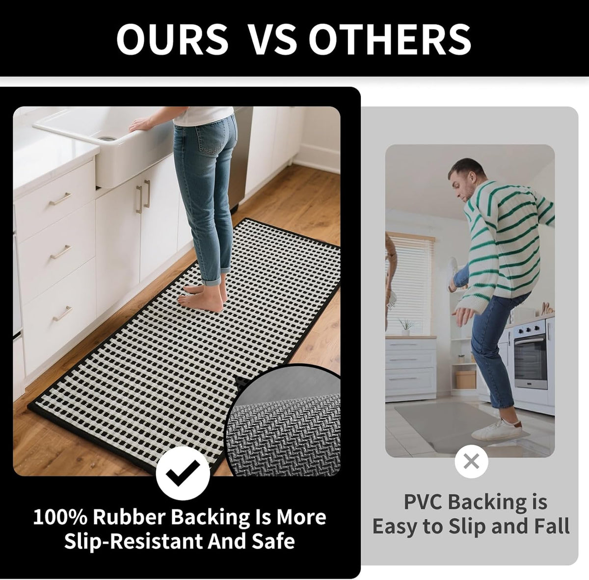 Long Kitchen Runner Rugs Kitchen Mat Non Slip Washable, Super Absorbent Soft Chenille Braided Kitchen Mats for Floor, Rubber Backing Kitchen Floor Sink Standing Mat, Easy Clean, Black 24"x71"