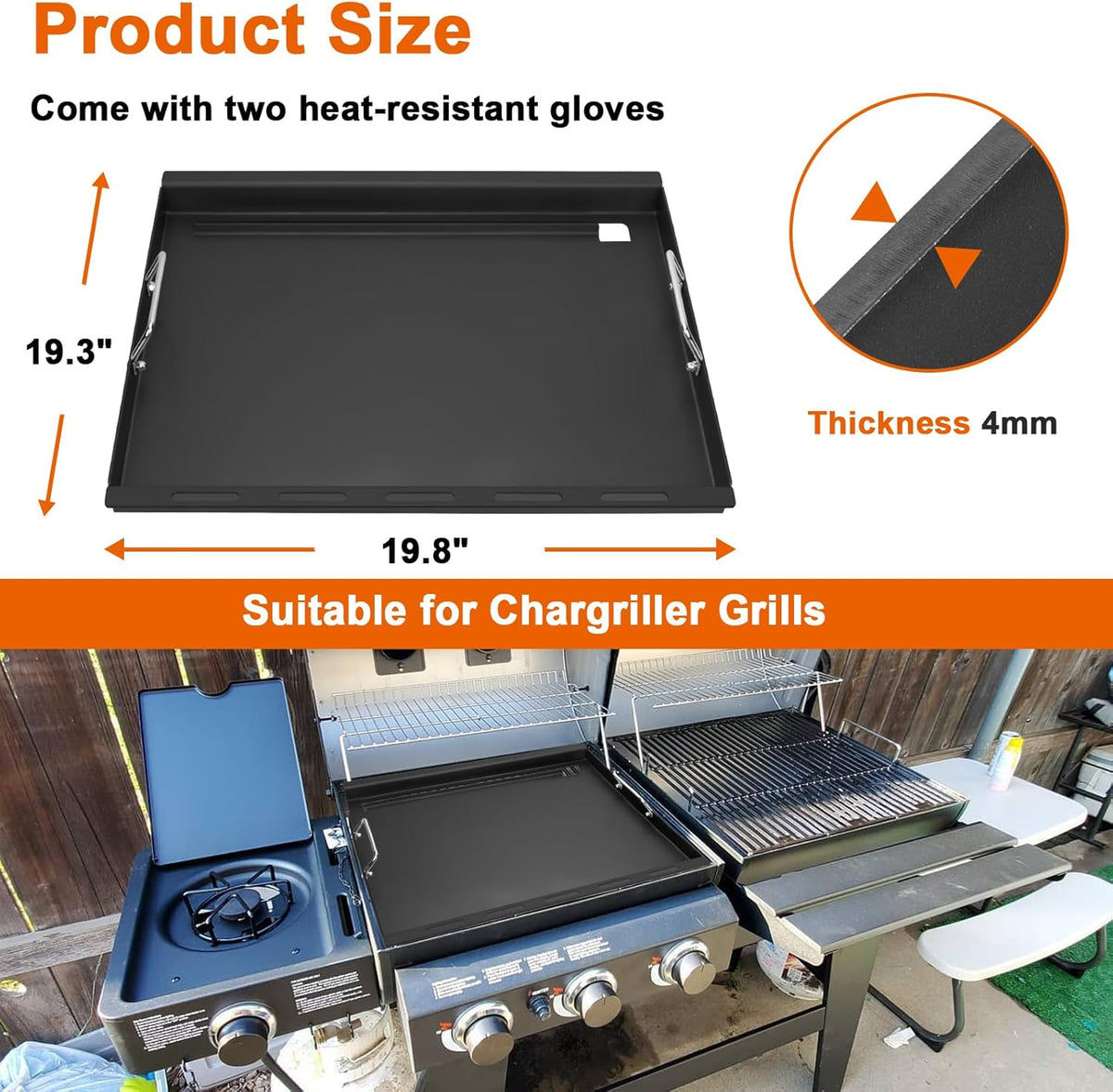Full-Size Griddle Insert for Char-Griller 5050 3001 5650 3008 3030 3725, Flat Top Griddle with Handles for Chargriller Charcoal Grills, Cooking Griddles for Chargriller with 2 Pcs Fire Grate Hangers