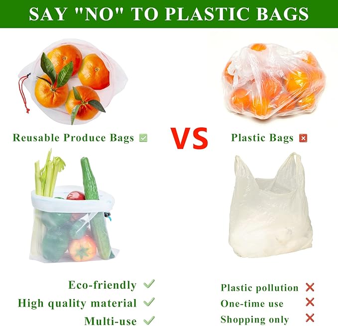 8 Reusable Blue Mesh Produce Bags - Large (12"x17") Washable See-Through Mesh for Fruit, Veg, Toy Storage