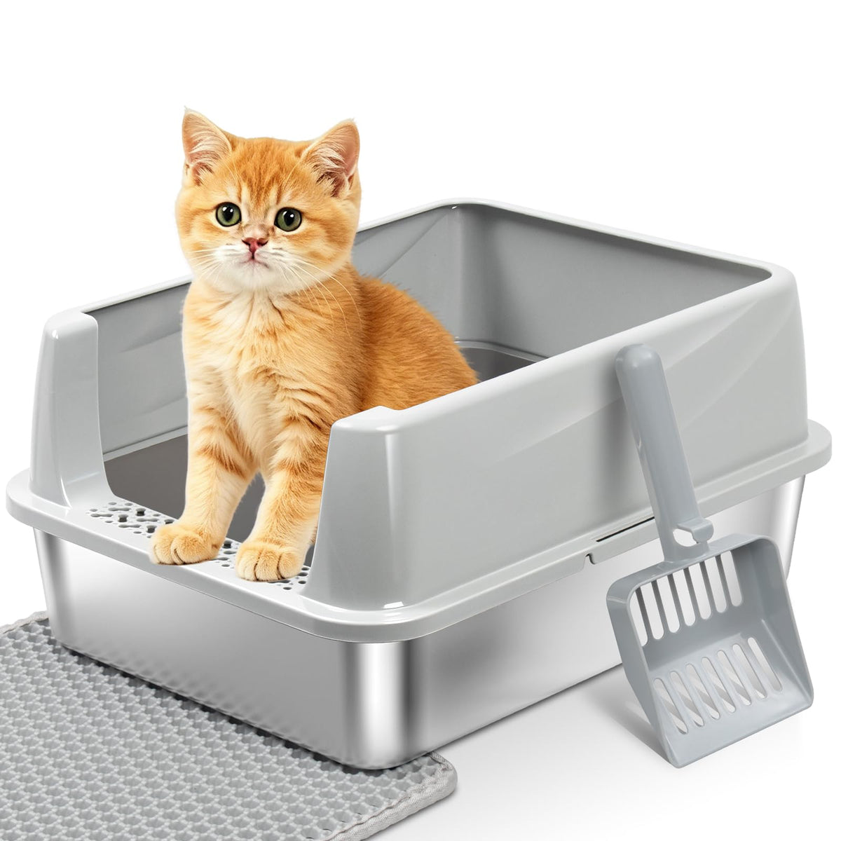 FUTAM Stainless Steel Litter Box with Lid, Metal Litter Box for Kitten, Small Litter Boxes with Scoop and Mat, Low Entry,Non-Stick,Easy to Clean Litterbox for Small to Medium Cats