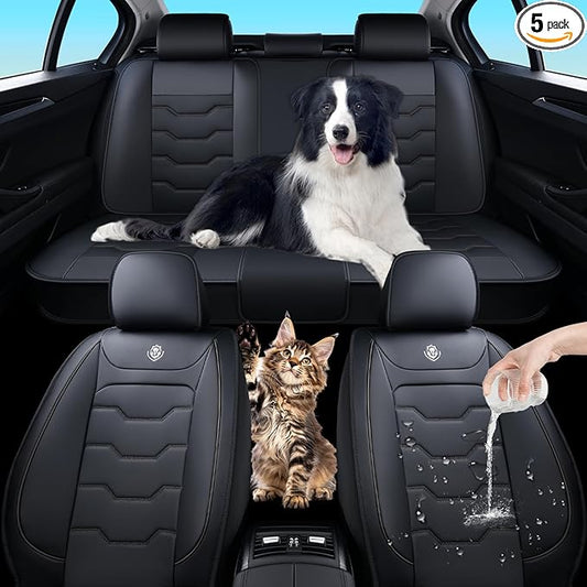 Black Car Seat Cover Full Set Kit, Universal Car Seat Cover for Car, Waterproof Leather, Protect & Upgrade Car Interior, Airbag Compatible, Easy to Install & Clean, For SUV, Pickup Truck, Sedan