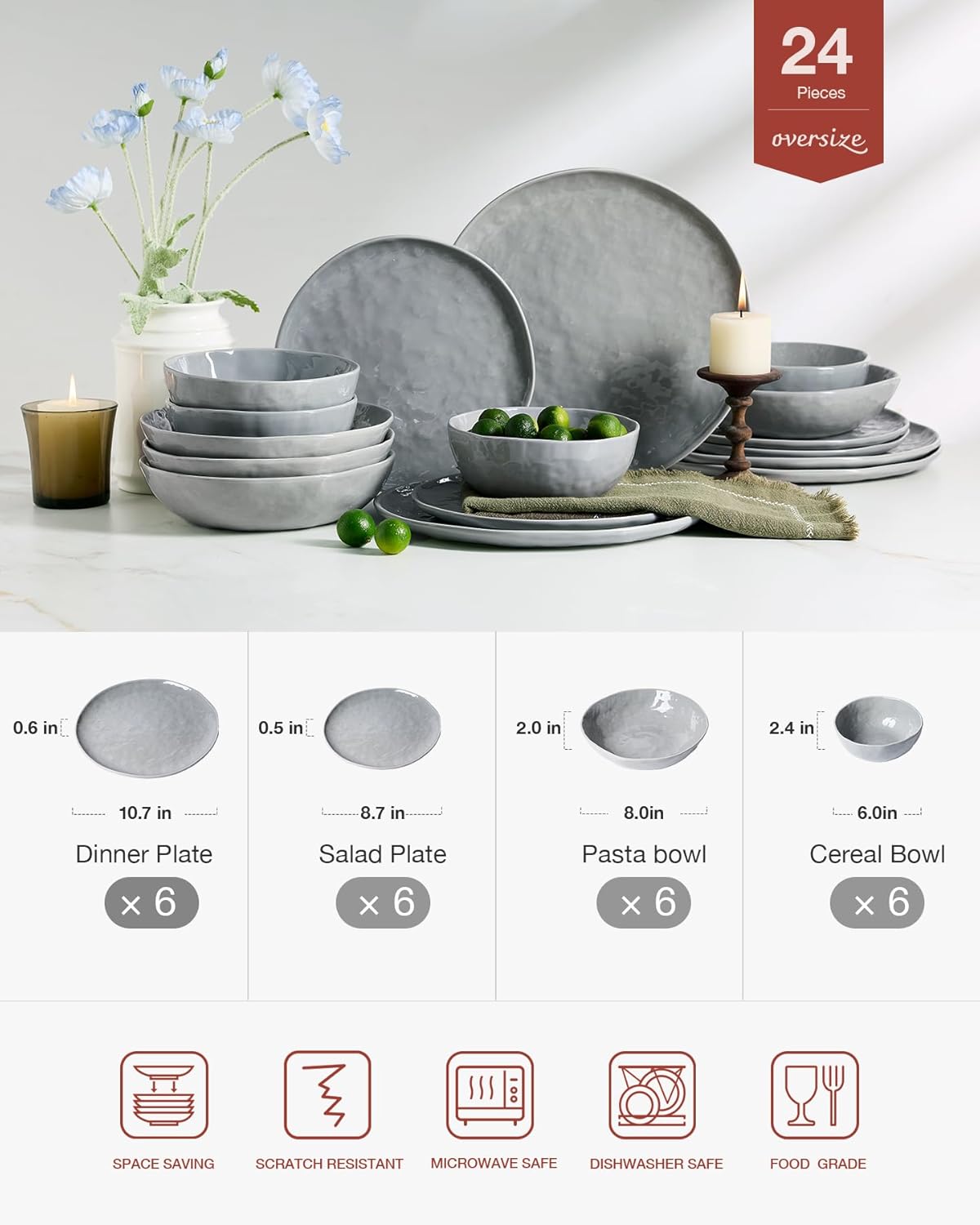 Famiware Porcelain kitchen plates and bowls set, Modern dishes set for 6, Handmade Wave Edge Dinnerware Sets, Microwave and Dishwasher Safe Tableware, Sleek Grey (24pc)