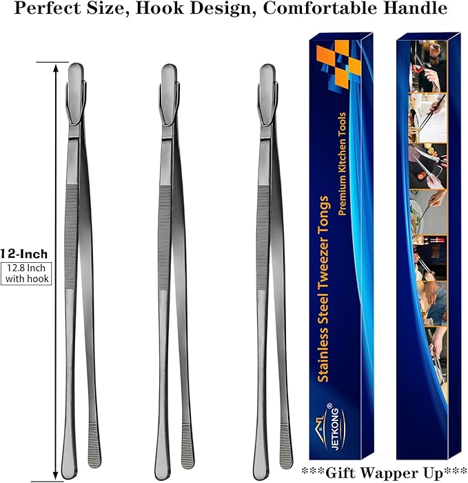 JETKONG 3 Pcs 12-Inch Cooking Tweezers Tongs Long Stainless Steel Chef Tweezers (12 12 12 Inch, Black)