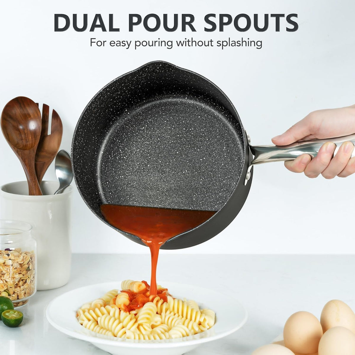 MICHELANGELO 3 Quart Saucepan with Lid, Hard Anodized Nonstick Sauce Pan with Strainer Lid & Pour Spouts for Easy Pour, Granite Derived Coating Sauce Pan for Cooking, Small Pot - 3 Qt Saucepan
