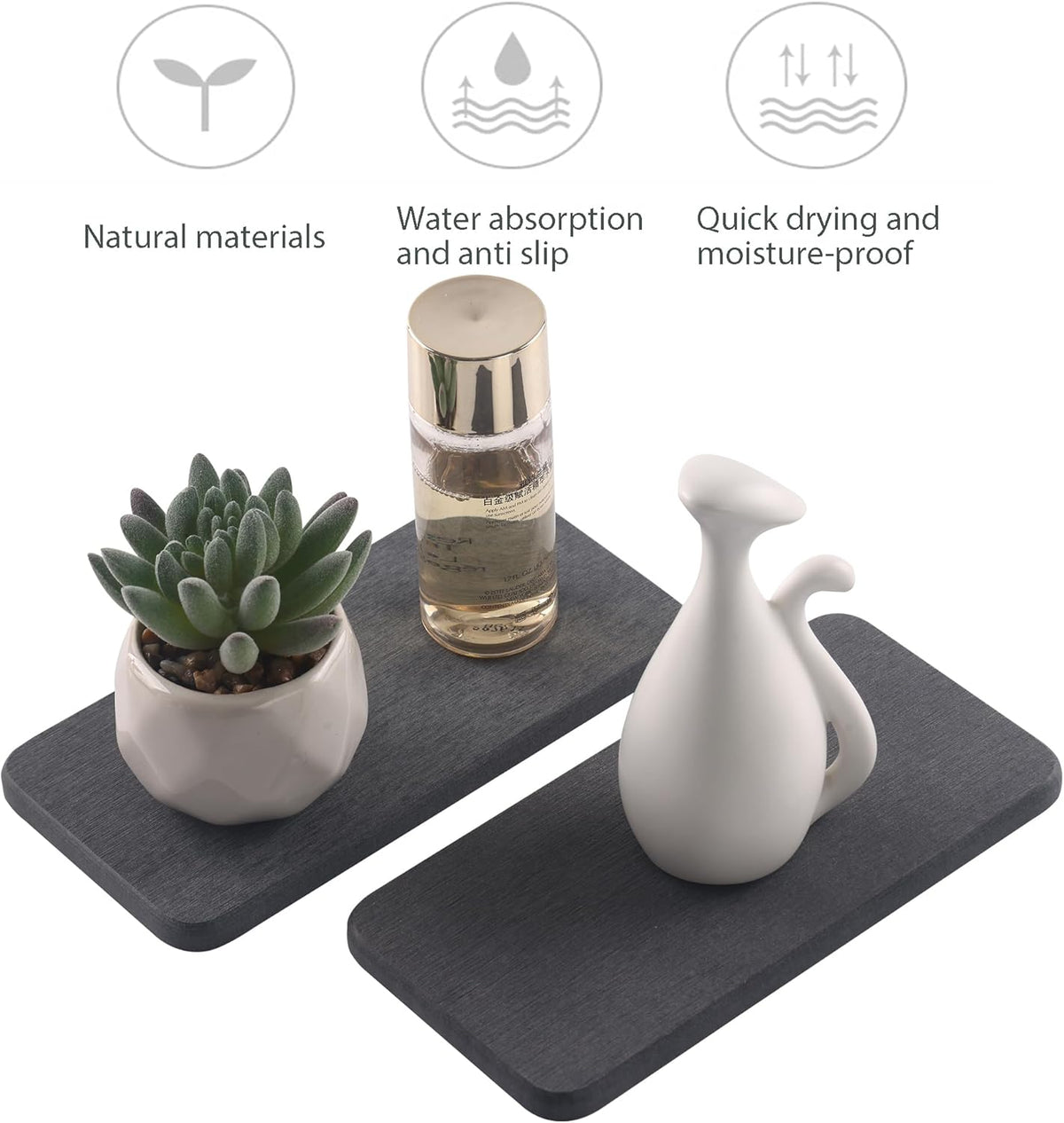 2 Pcs Water Absorbing Stone Trays, Kitchen/Bathroom Sink Soap Dish, Diatomite Tray Used for Hand Soap & Cosmetic Bottles in The Modern Home, 3.5" W x 7.1" L, Dark Gray