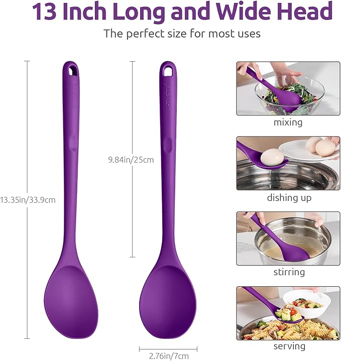 600ºF Heat Resistant Silicone Spoon: U-Taste 13.3in Solid Kitchen Cooking Spoon, Nonstick Food Grade Large & Long Soup Rubber Utensil for Mixing, Serving, Stirring, Basting, for Pot Cookware (Purple)