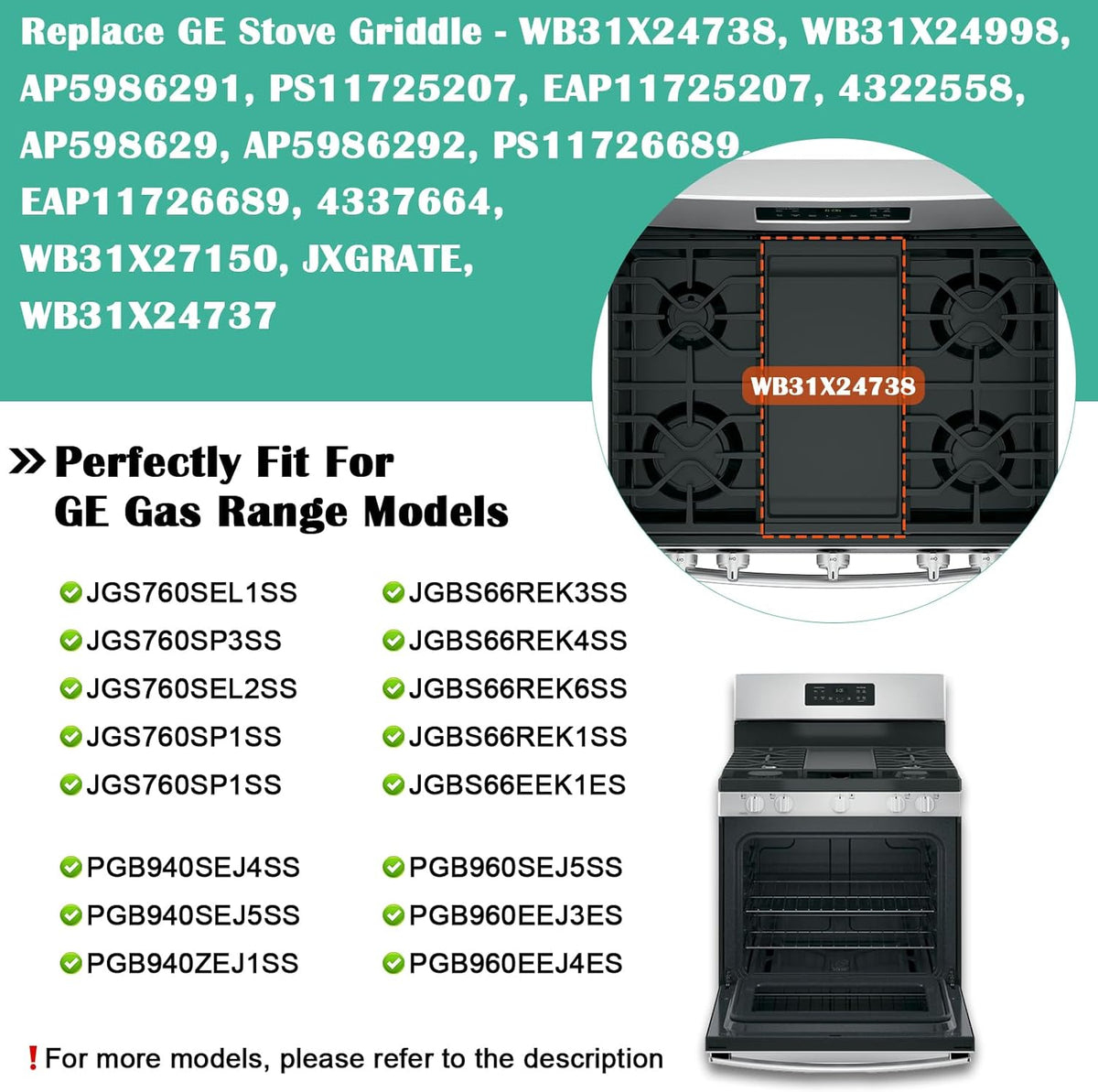 Hiorucet WB31X24738 Cast Iron Griddle Replacement for GE Appliance Gas Range, JGBS66REKSS, JGB700SEJ4SS, JGSS66SEL1SS, JGSS66SEL3SS, JGSS66SELSS, JGB700SEJ1SS Griddle Plate Cooktop for GE Center Part.