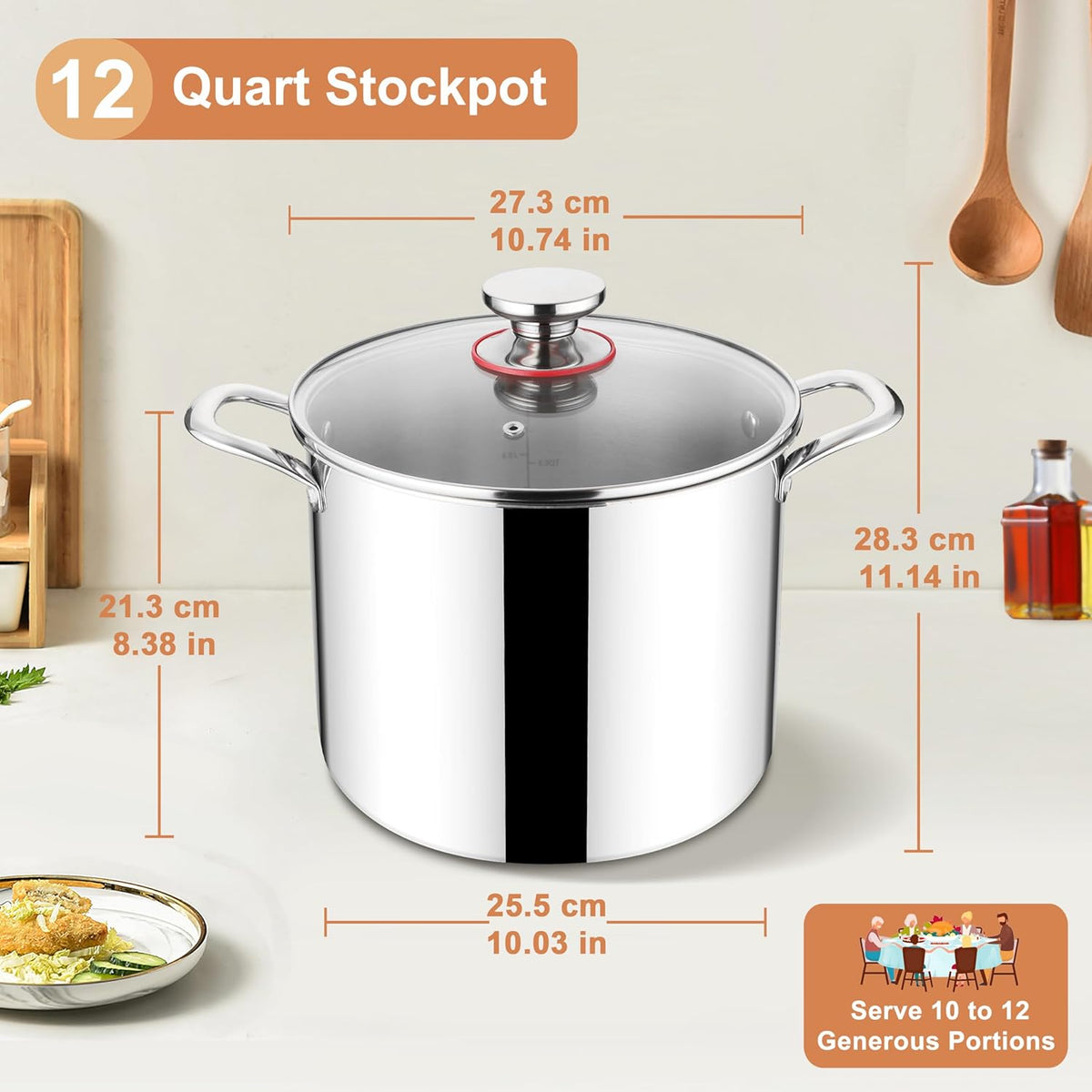 Herogo 12 QT Stock Pot, Tri-ply 18/10 Stainless Steel Cooking Pot with Lid, 12 Quart Large Metal Pasta Stockpot for Chicken Soup, Big Stockpot for Induction Gas Electric Stove, Dishwasher Safe