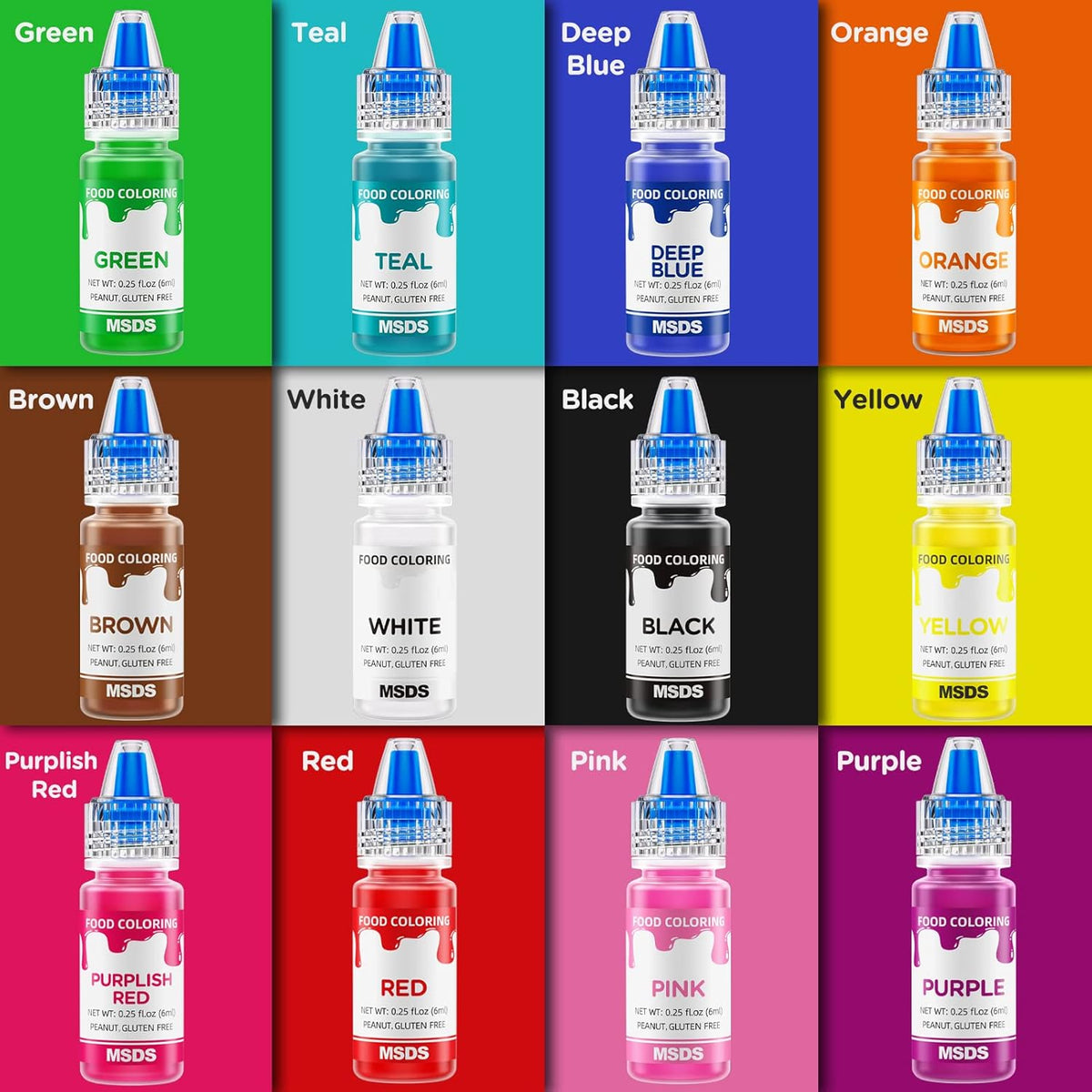 12 Color Food Coloring Set - Vibrant Liquid Food Colors Frosting Dye Tasteless for Baking, Cake Decorating, Easter Egg, Royal Icing, Fondant, Macaron - 0.25 Fl. Oz Bottles