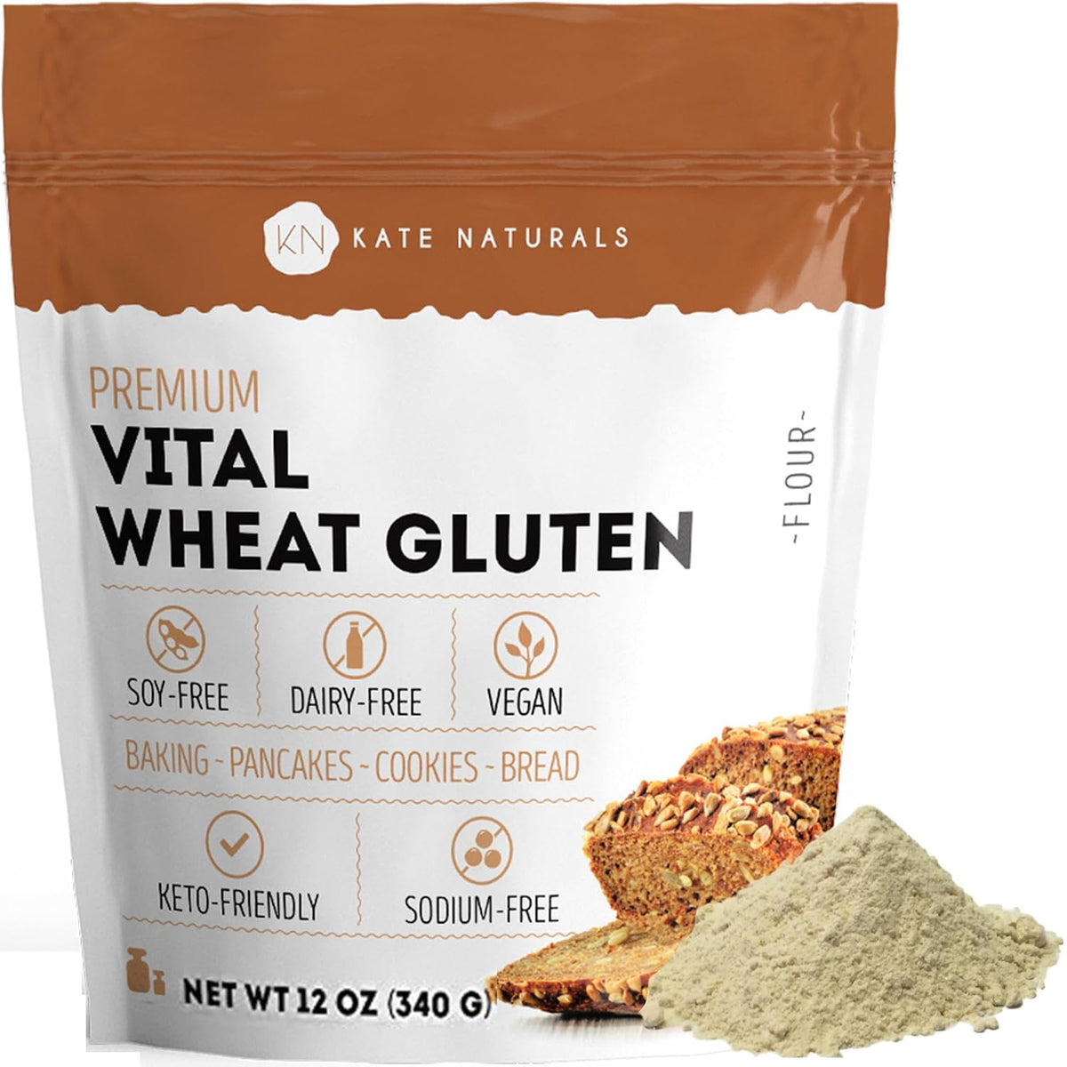 Kate Naturals Vital Wheat Gluten for Bread Making, Baking & Seitan. Compatible with Bread Machine (12oz, High Protein Flour)