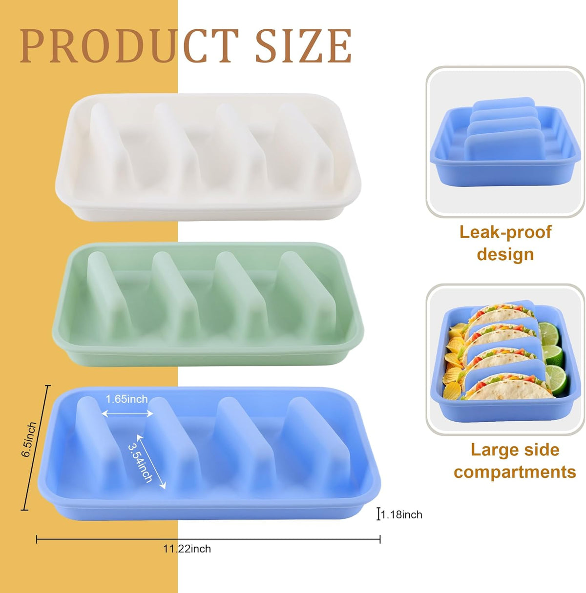 Silicone Taco Holder 3 Packs, Reusable Taco Plates with Dividers, Taco Holder Stand for Family Dinners & Parties, Dishwasher and Microwave Safe