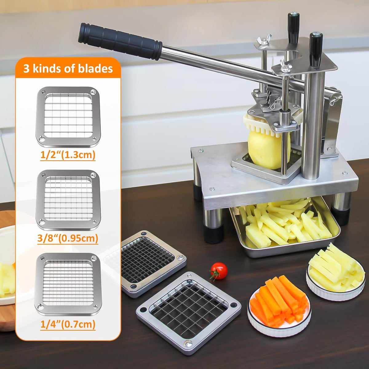 Commercial French Fry Cutter,Stainless Steel French Fries Machine,Heavy Vertical Cutter Vegetable Chopper,with 3 Replacement (1/2 Inch, 3/8 Inch and 1/4 Inch Blades),for Restaurants and Home Kitchen