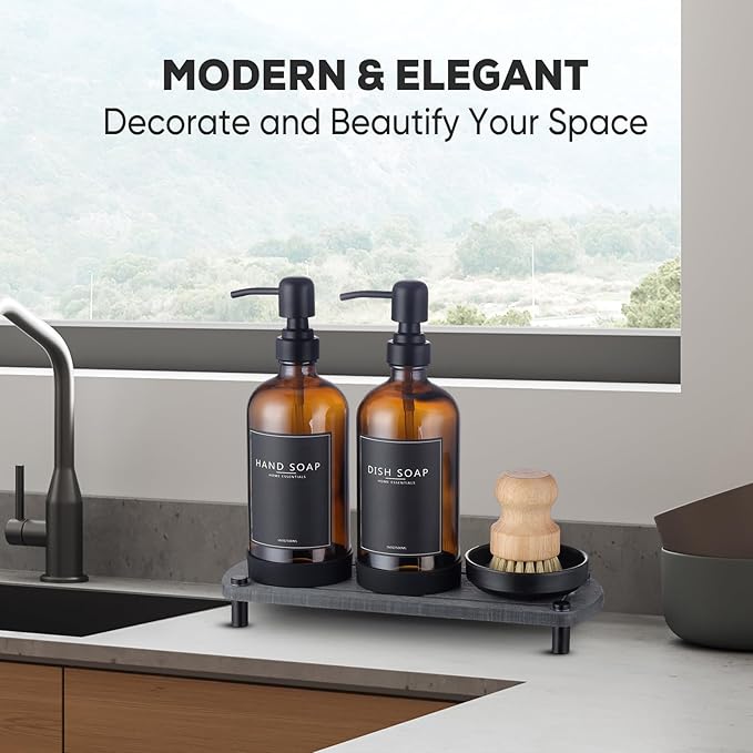 Kitchen Soap Dispenser Set with Instant Dry Tray,16 Oz Hand and Dish Soap Amber Glass Dispenser Set,Stainless Steel Pump,Waterproof Labels&Dish Brush,Luxury Soap Bottle for Kitchen,Bathroom