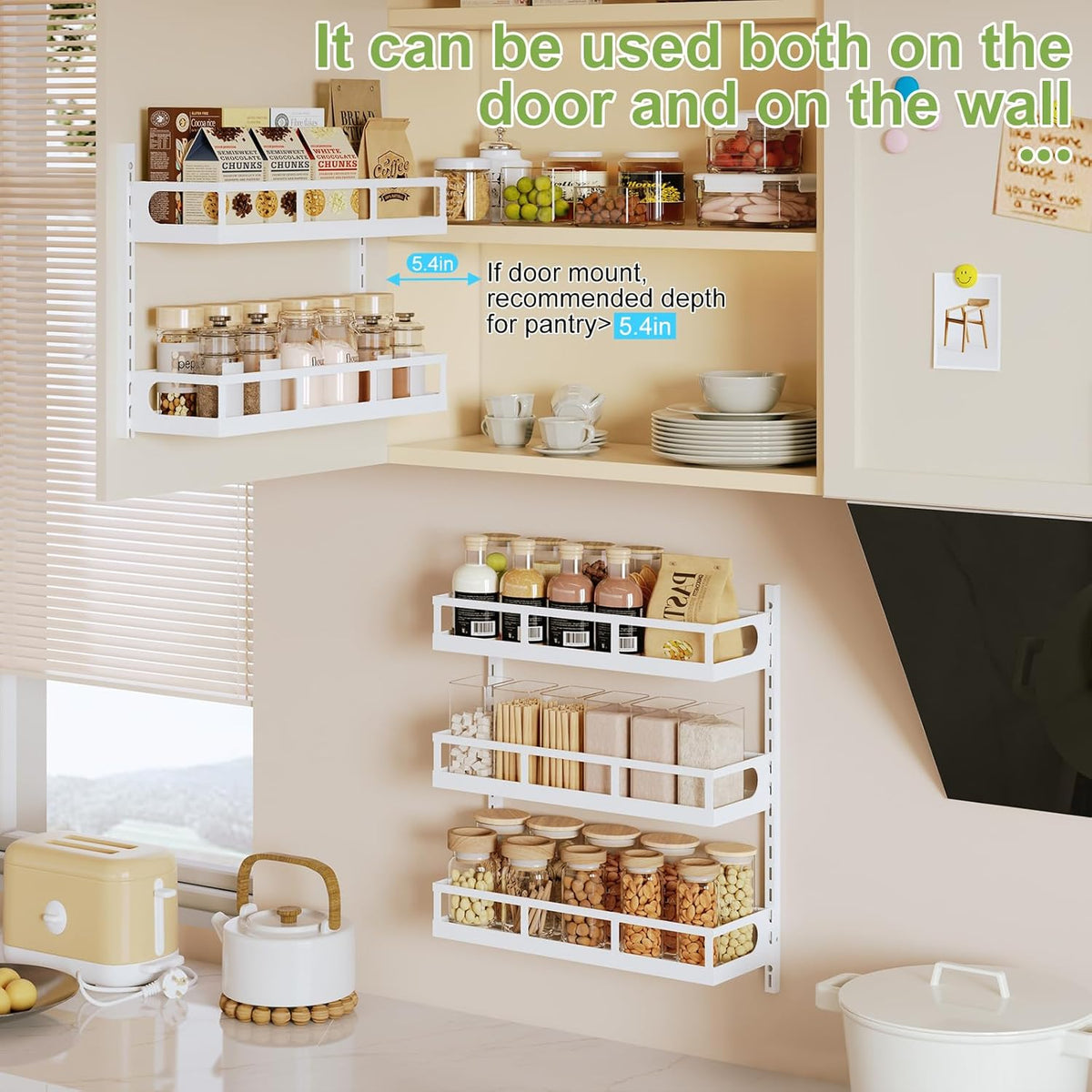 X-cosrack Wall Mount Spice Rack Organizer 5 Tier Height-Adjustable Hanging Spice Shelf Storage for Kitchen Pantry Cabinet Door, Dual-Use Seasoning Holder Rack with Hooks, White