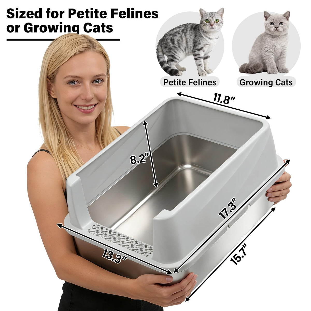 FUTAM Stainless Steel Litter Box with Lid, Metal Litter Box for Kitten, Small Litter Boxes with Scoop and Mat, Low Entry,Non-Stick,Easy to Clean Litterbox for Small to Medium Cats