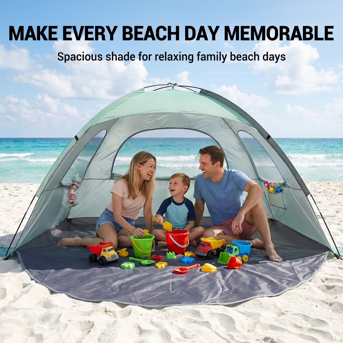 WhiteFang Beach Tent Anti-UV Portable Sun Shade Shelter for 3 Person, Extendable Floor with 3 Ventilating Mesh Windows Plus Carrying Bag, Stakes and Guy Lines (Mint Green)