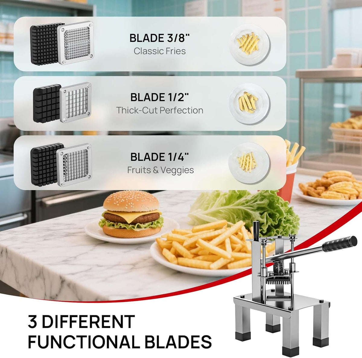 Commercial French Fry Cutter and Vegetable Dicer with 3 Stainless Steel Blades – 3/8", 1/2", 1/4" – Heavy Duty Stainless Steel Potato Slicer for Home and Restaurant Use