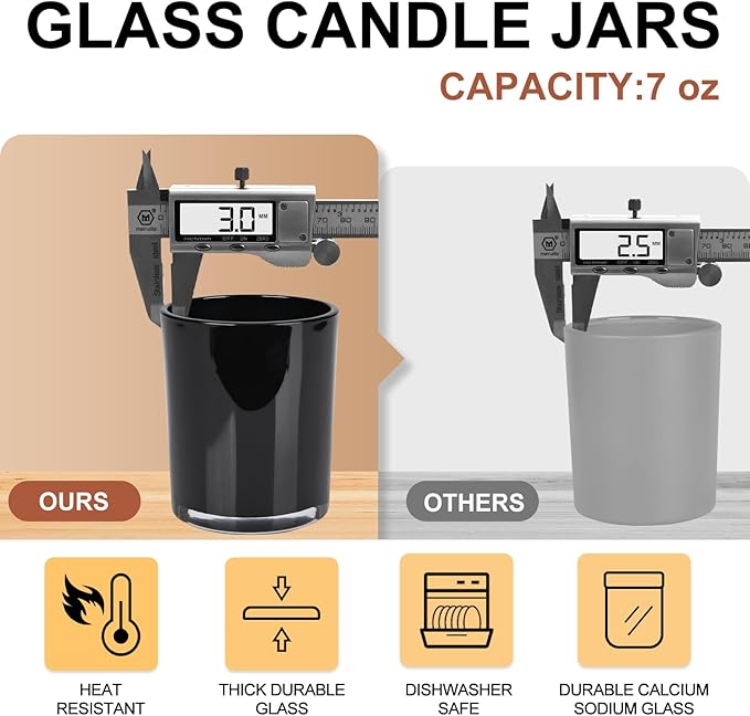 Thick Candle Jars for Making Candles 12 Pcs, 7 OZ Empty Jars with Wood Lids for Candle Making, Sample Container, Black