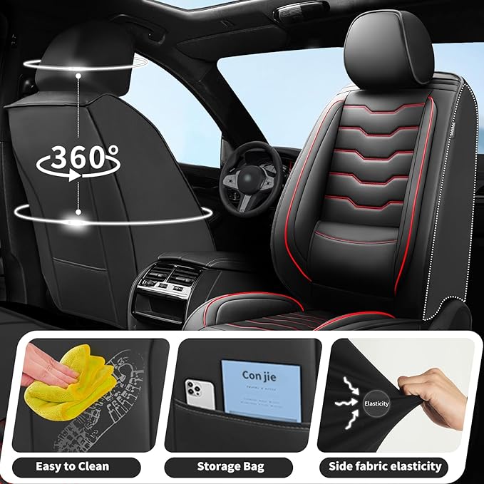 Fit Leaf Car Seat Covers Compatible with Nissan Leaf 2012-2025 2026 - Full Set Premium Leather， Waterproof Breathable， All-Weather Seat Cushion Protecto&Airbag Compatible（Red Line Black