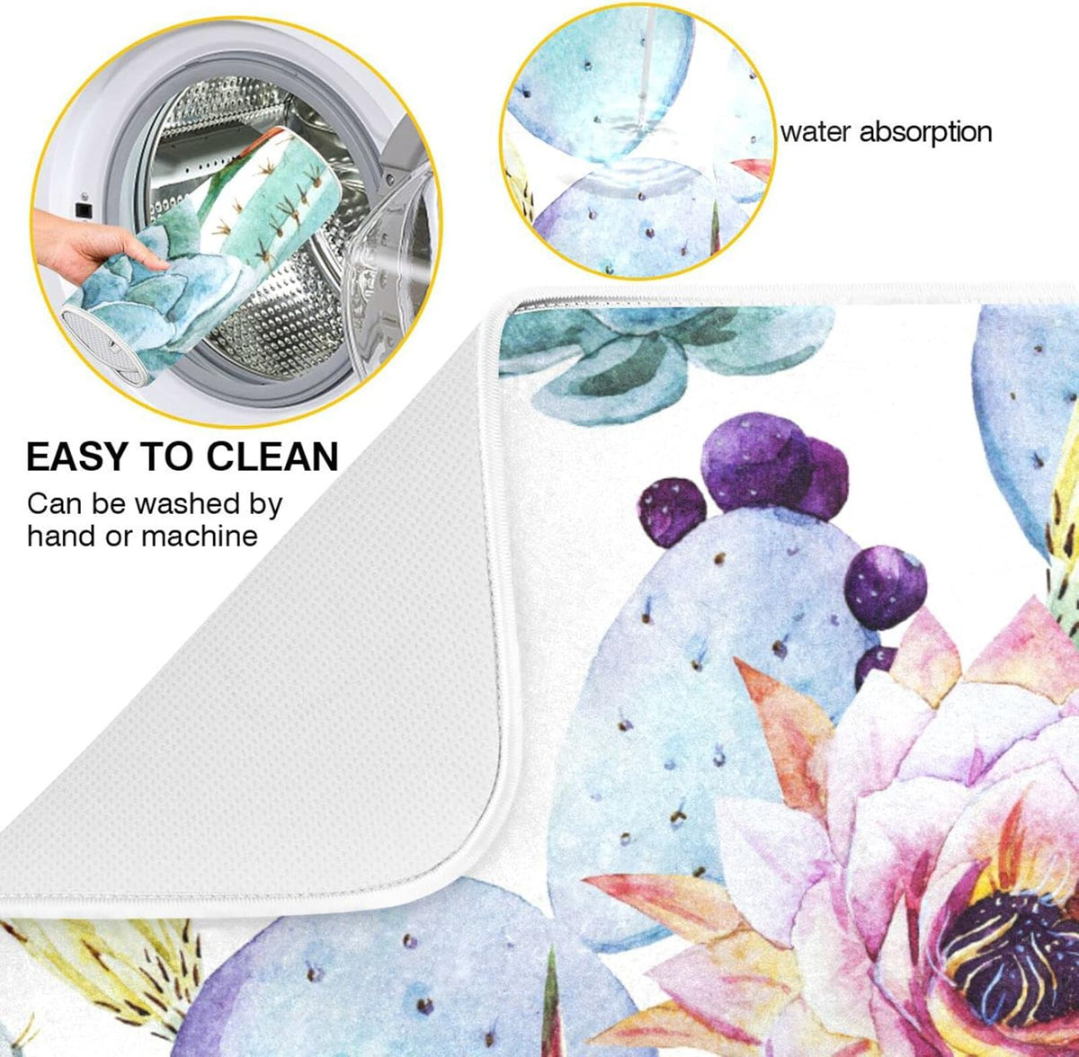 Cactus Succulent Plant Dish Drying Mat for Kitchen Counter Absorbent Microfiber Drying Pad, Medium 16x18 in, Reversible Drainer Mats