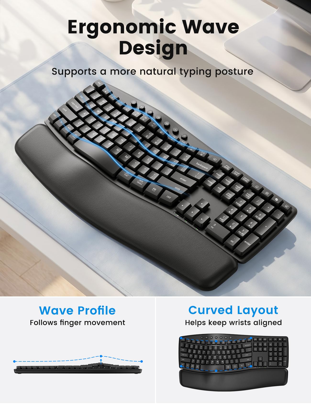 SABLUTE Wireless Keyboard and Mouse Combo, Ergonomic Wave, 30dB Quiet, MA41
