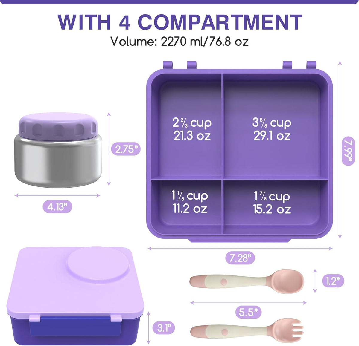 Bento Box for Kids - Leak-Proof Lunch Box with Insulated Thermos Food Jar - 4 Compartments, 1 Removable Divider, 1Spoon, 1 Fork - Dishwasher Safe, BPA-Free (Light purple)