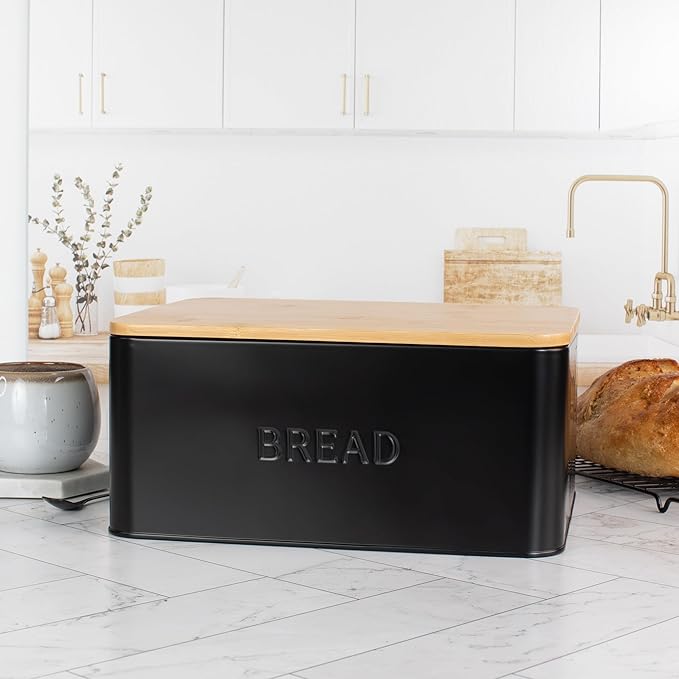 ZICOTO Beautiful Bread Box With Wooden Lid For Your Kitchen Countertop - Spacious Container Perfectly Stores Your Homemade Bread, English Muffins & Bagels - Quality Cutting Board Lid Keeps Loaf Fresh