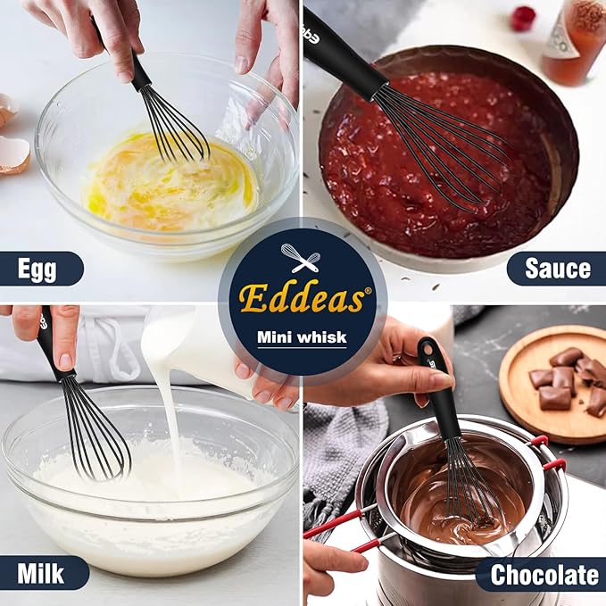 Silicone Mini Whisk, Small whisks Non-Stick Tiny Whisks set of 2（5.5in & 7.5in）-Heat Resistant (450°F) Whisks, Balloon Egg Beater Perfect for Whisking, Beating, Mixing, Blending, Black