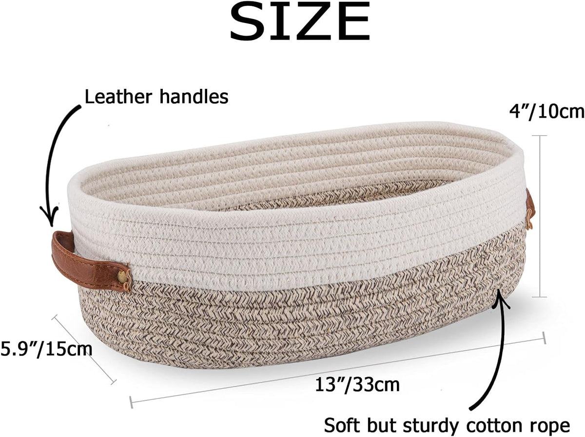 2 Pack Woven Storage Basket for Toilet Tank Top,Farmhouse Home Decor Organizing Basket for Bathroom,Table and Counter 13"x5.9"x4" Apricot Stitching White