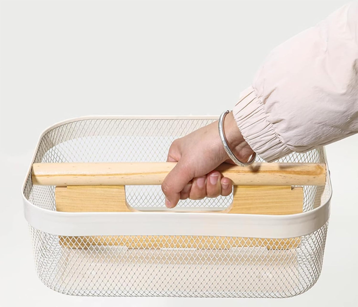 Metal Mesh Steel Storage Basket, Garden Harvest Wire Organizer Basket Multi-functional Kitchen Fruit Basket with Wooden Removable Partition & Handle for Bath Picnic Decor Cabinet, Cream White