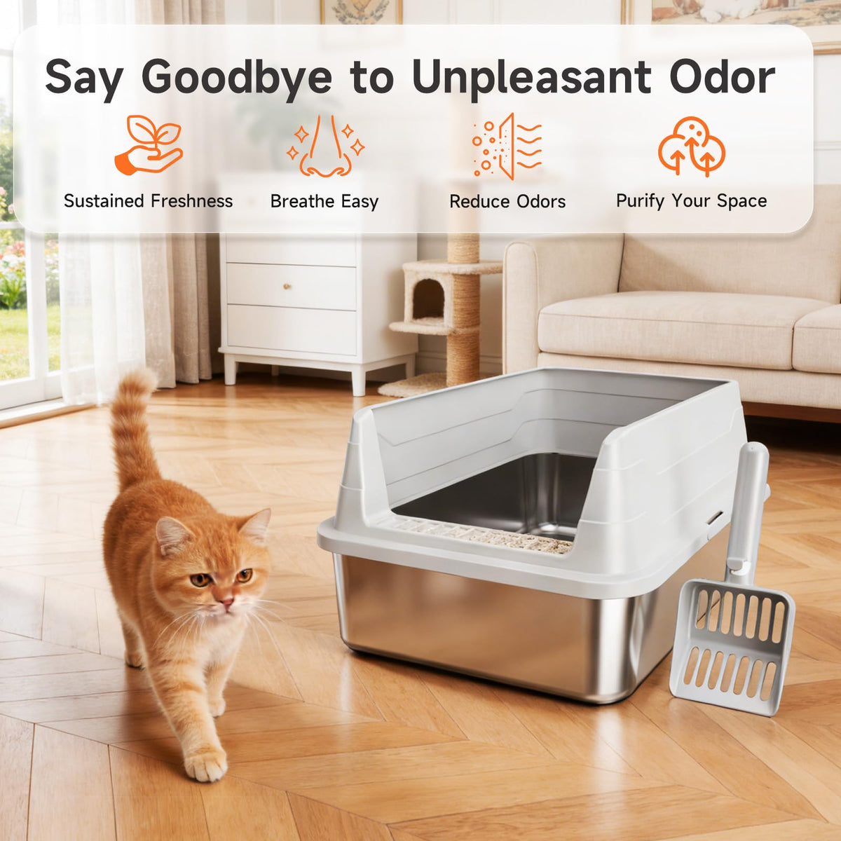 Stainless Steel Cat Litter Box, Odor Free Easy Clean Metal Litter Box