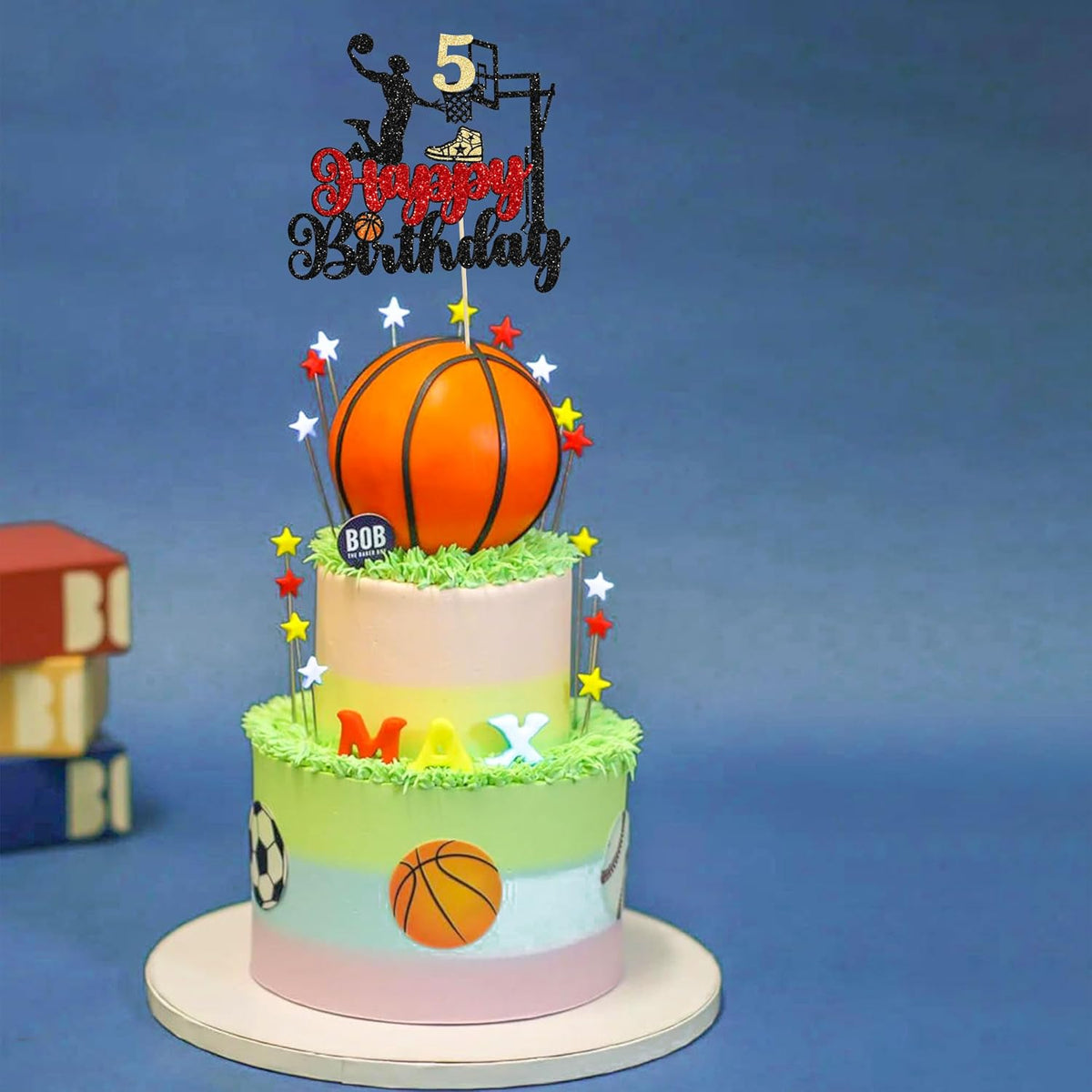 1Pc 5th Birthday Basketball Cake Topper Glitter Basketball Sports Theme Cake Pick for Baby Shower 5th Birthday Cake Decorations Party Supplies Black