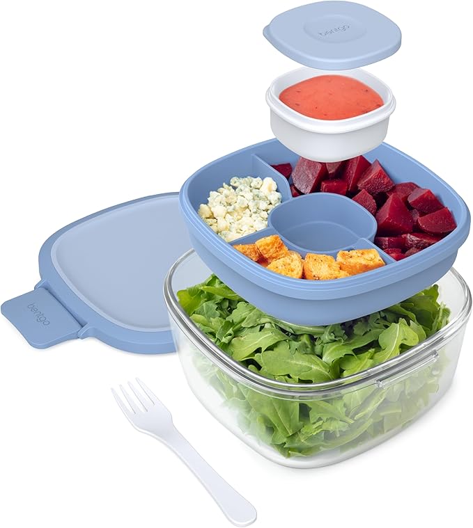 Bentgo Glass All-in-One Salad Container - Large 61-oz Salad Bowl with Lid, 4-Compartment Bento-Style Tray, 3-oz Sauce Container, and Reusable Fork - Dishwasher, Microwave, and Oven Safe (Light Blue)