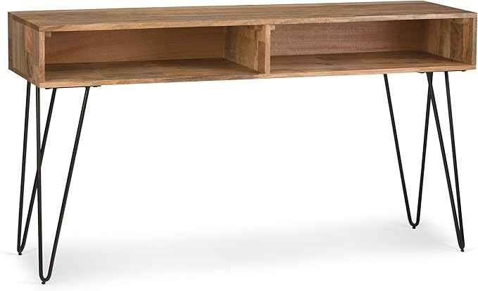 SIMPLIHOME Hunter Console Table - 55 Inch Wide Solid Mango Wood and Metal Sofa Table in Natural, Industrial Storage Table for Entryway or Living Room with 2 Open Cubbies and Black Hairpin Legs