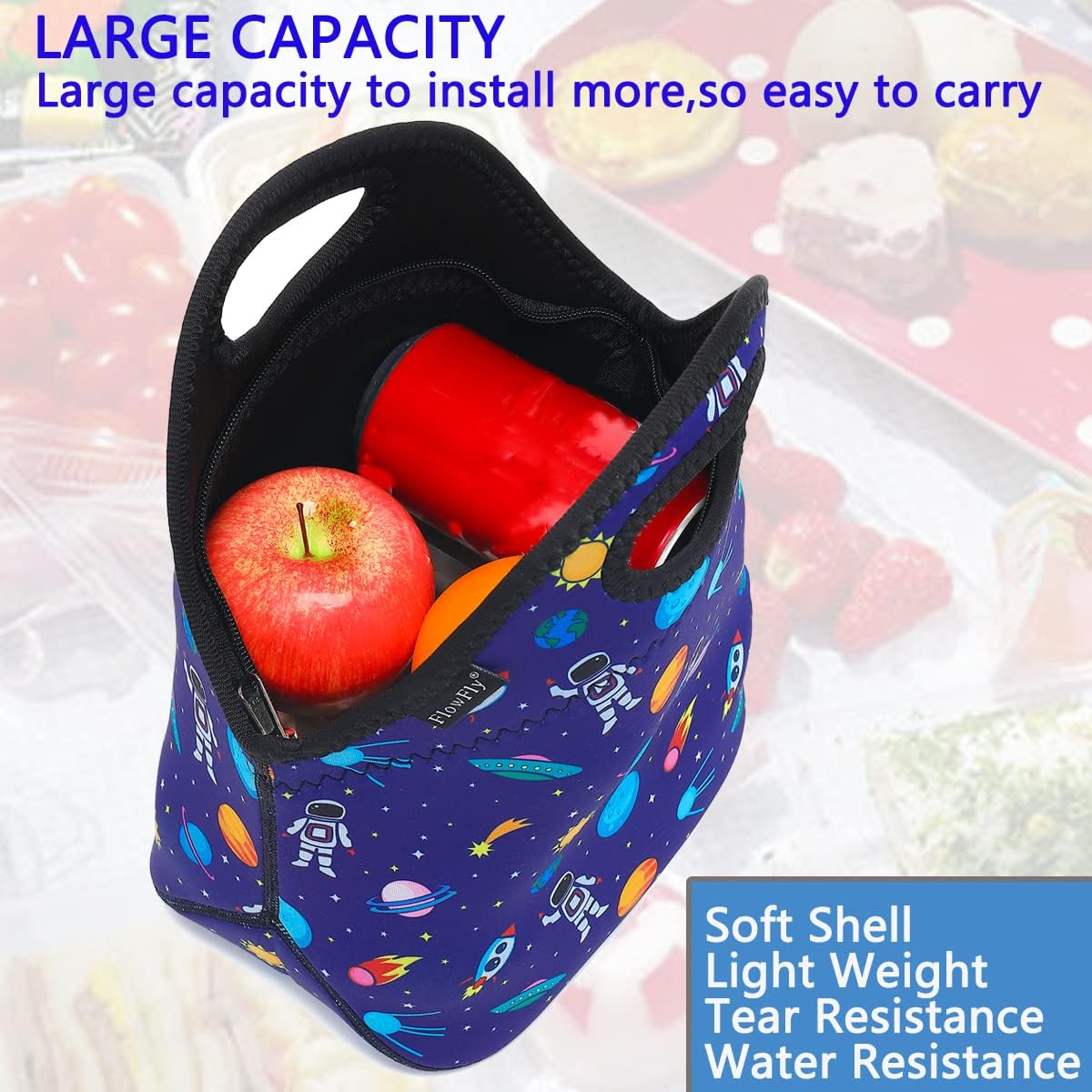 FlowFly Neoprene kids Lunch box Insulated Soft Bag Mini Cooler Thermal Meal Tote Kit for Boys, Girls,Men,Women,School,Work, Office, Astronaut