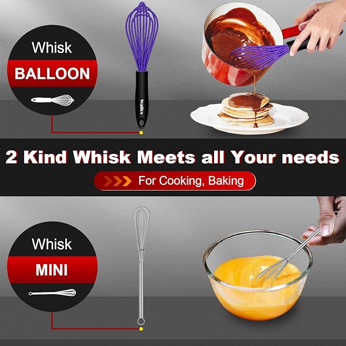 Walfos Silicone Whisks Set, 5pcs Whisk, Non Scratch Coated 7+9+11in Whisks and Mini stainless steel 7+5in Whisk, Suitable for Use in Whisking, Blending, Frothing, Beating & Stirring. (Multicolor)