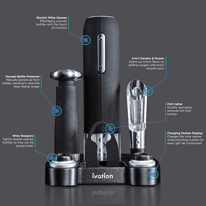 Ivation Wine Gift Set – Includes Electric Opener, Aerator, Vacuum Preserver, 2 Stoppers, Foil Cutter & Charging Base