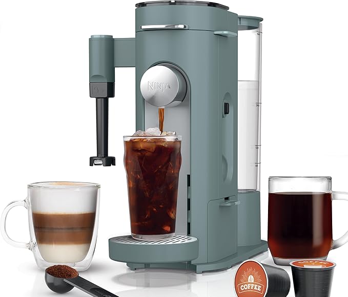 Ninja Pods & Grounds Specialty Single-Serve Coffee Maker, K-Cup Pod Compatible, Built-In Milk Frother, 6-oz. Cup to 24-oz. Travel Mug Sizes, Iced Coffee Maker, 1550 watts, Sage Green, PB051SG