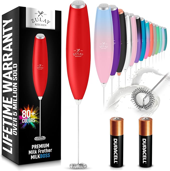 Zulay Kitchen Milk Frother Wand Drink Mixer with AA Duracell Batteries- Durable Handheld Milk Frother Electric Whisk - Easy-Clean Milk Frother Wand & Mini Blender - Electric Coffee Frother - Red