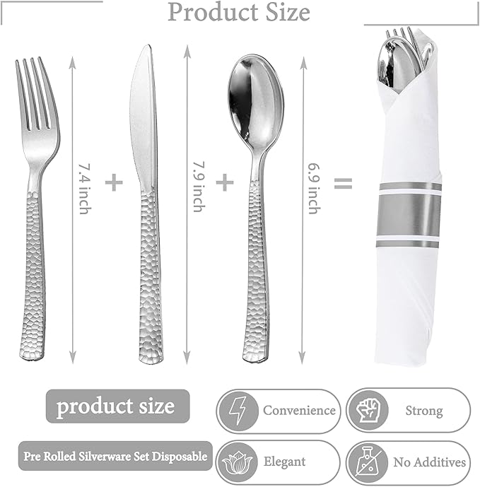 WELLIFE 50 Pack Silver Plastic Silverware with Pre Rolled Napkins,Wrapped Silverware Set Disposable,Includes:50 Forks, 50 Knives, 50 Spoons, 50 Napkins,Utensils Plastic Disposable
