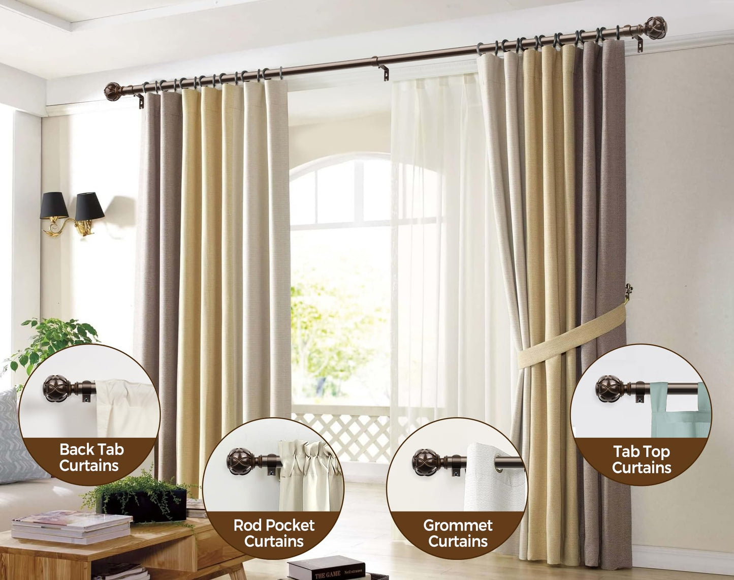KAMANINA Curtain Rods for Windows 72 to 144 Inch, Long Heavy Duty, Bronze