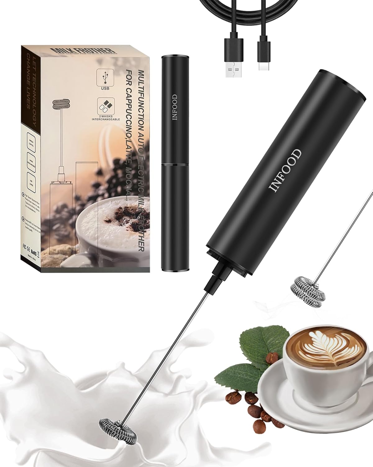 Milk Frother Rechargeable with Cover - Coffee Frother Wand, Drink Mixer Handheld with 2 Detachable Stainless Whisks 2 Speed Adjustable for Latte, Cappuccino, Hot Chocolate, Egg, Black
