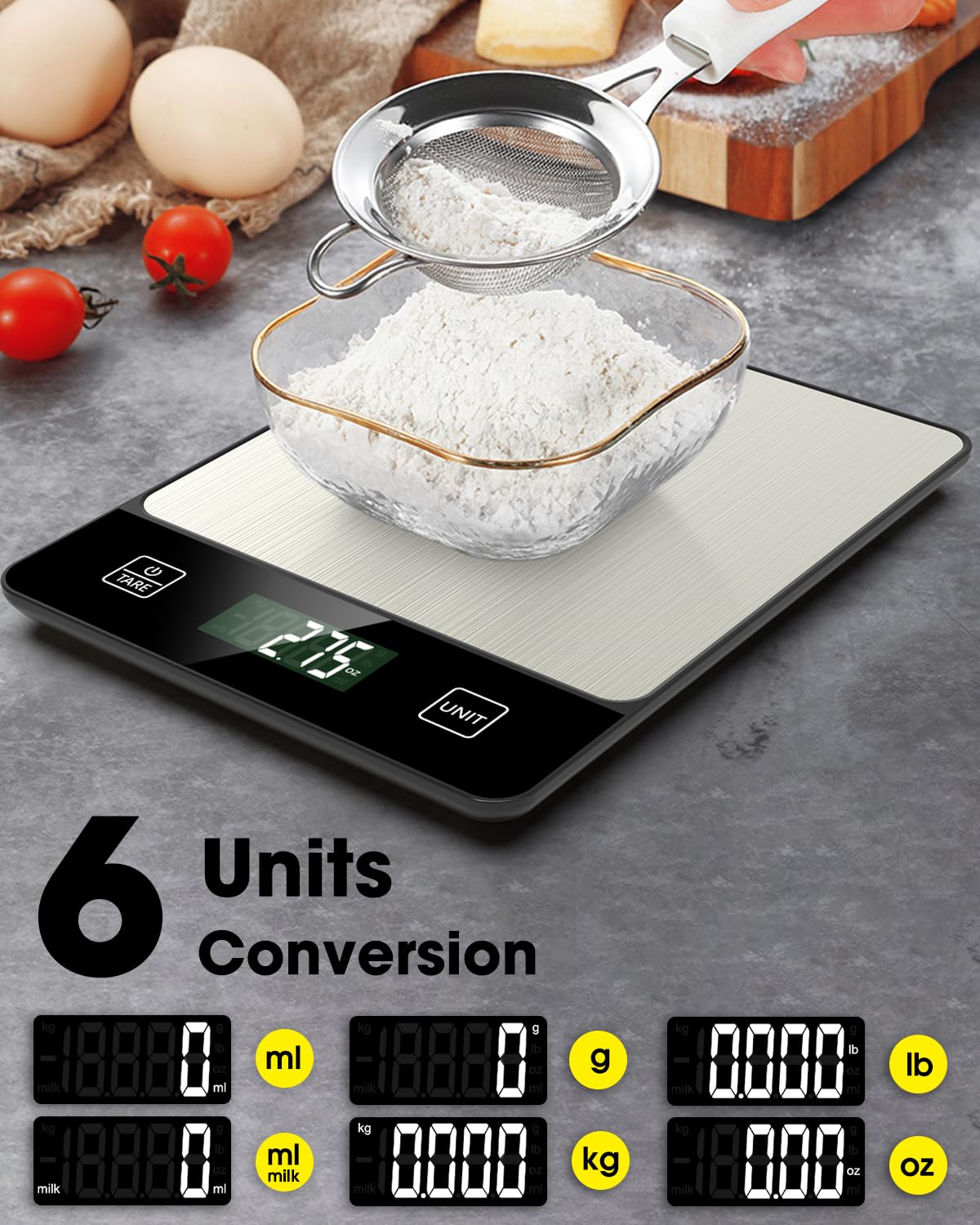Mik-Nana Food Scale, 22lb Digital Kitchen Scale Weight Grams and Oz for Baking Cooking Coffee Meal Prep Package Postage, 6 Units with Tare Function, 1g/0.04oz Precise Graduation (Black)